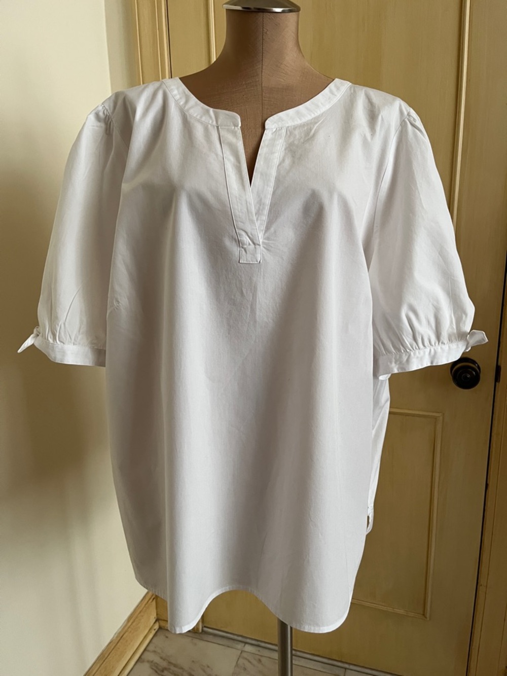TALBOTS Cottage Career Preppy Puff Tie SLV Split V-Neck 100% Cotton Blouse 3X